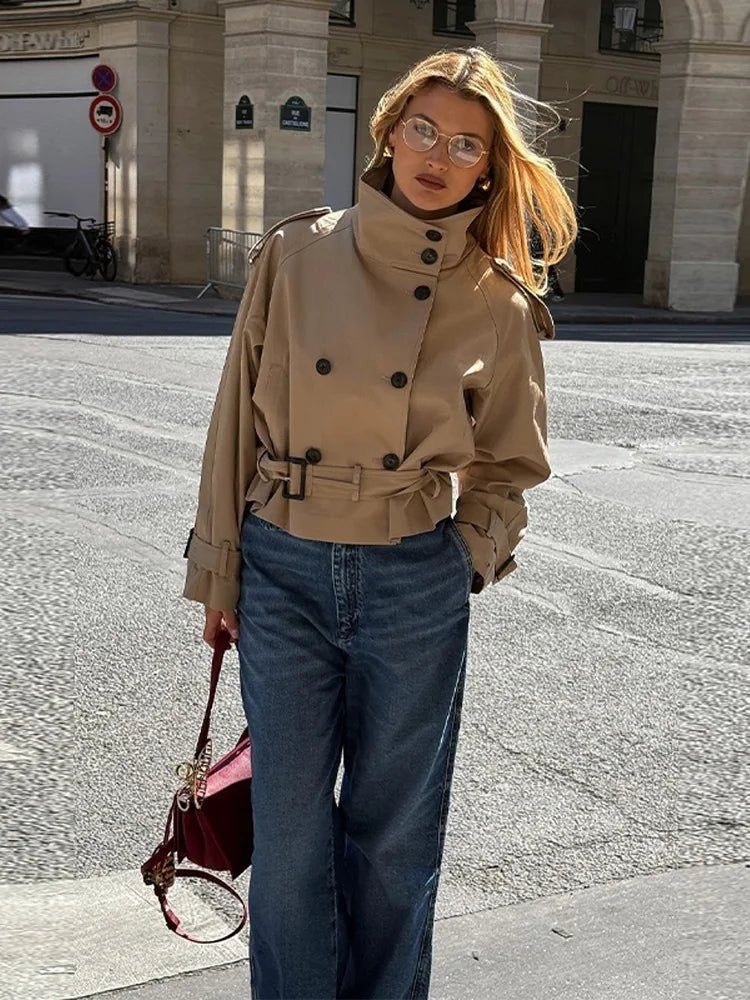 Belted Cropped Trench Coat with High Neck for Women