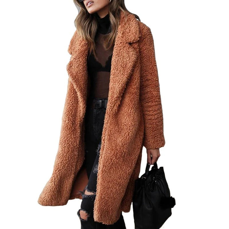 Long Open Front Collared Teddy Coat for Women
