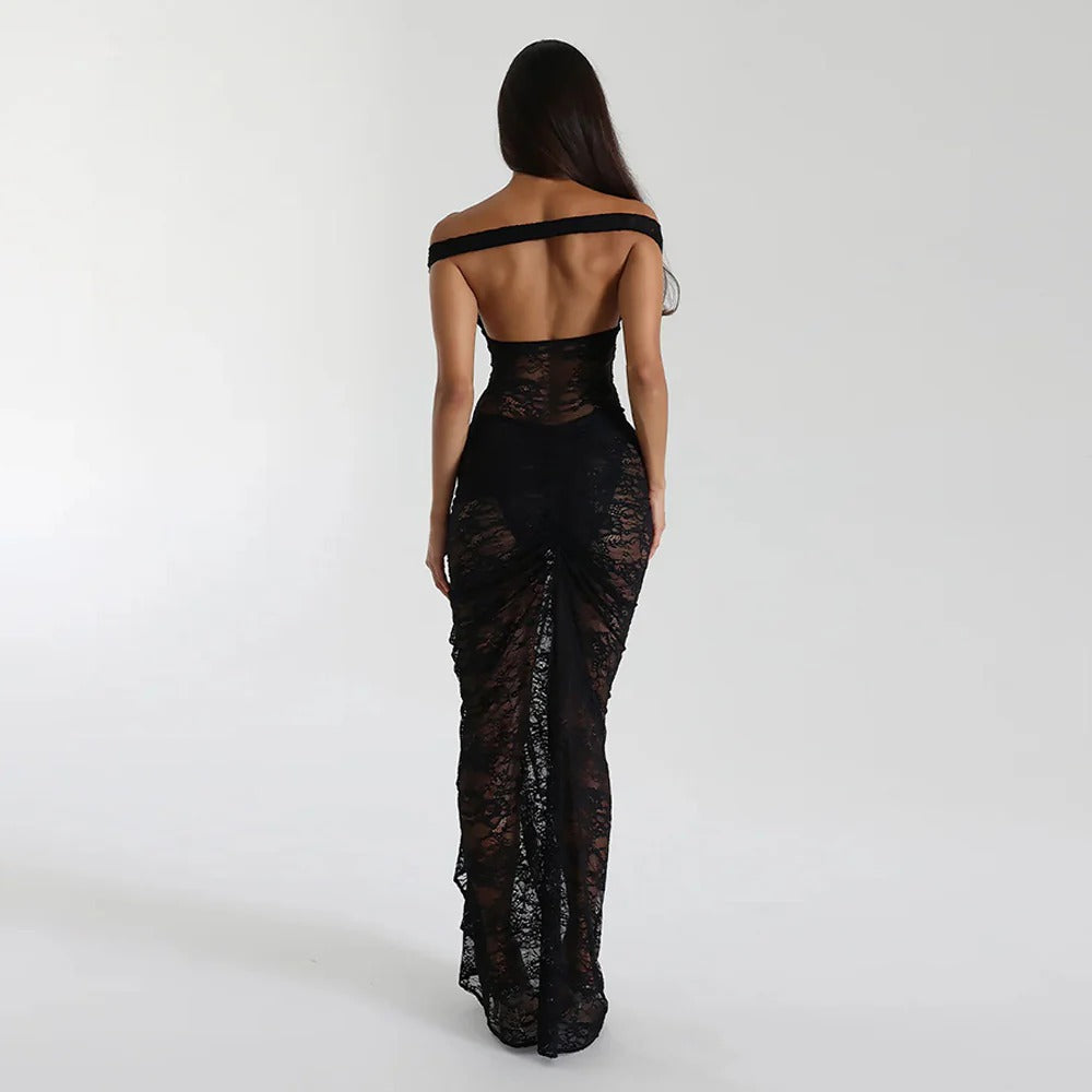 Lace Off-Shoulder Ruched Maxi Dress for Women