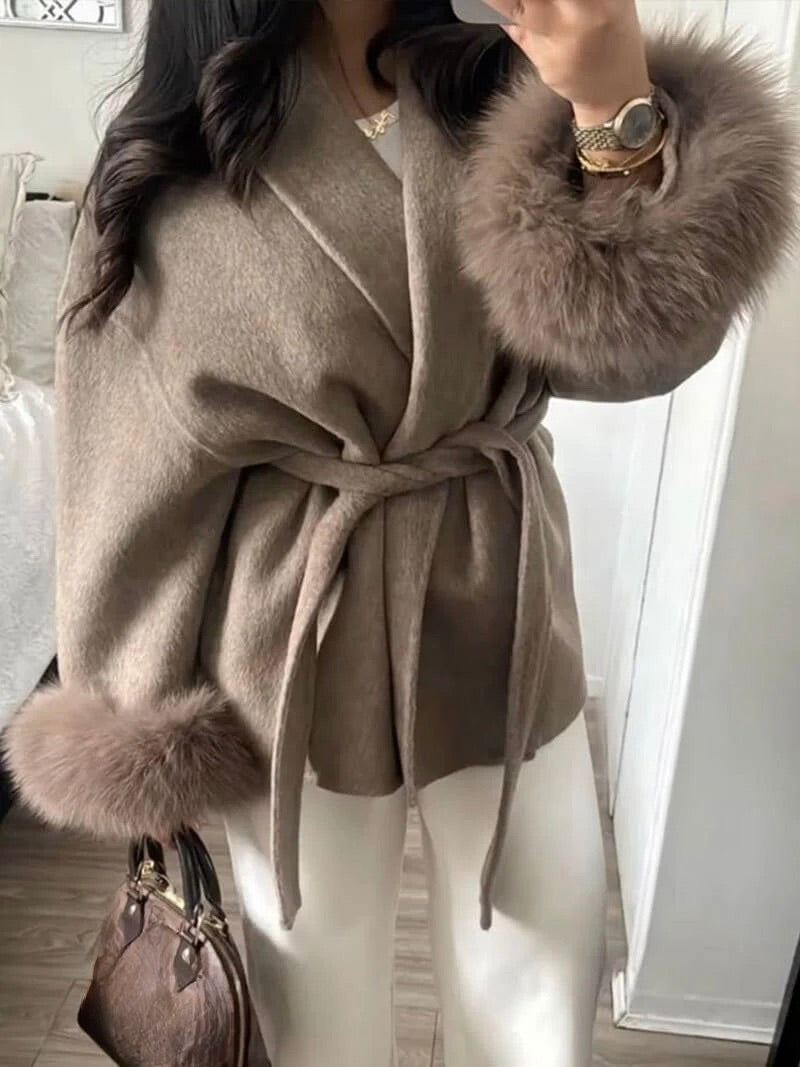 Belted Wrap Coat with Faux Fur Cuffs for Women