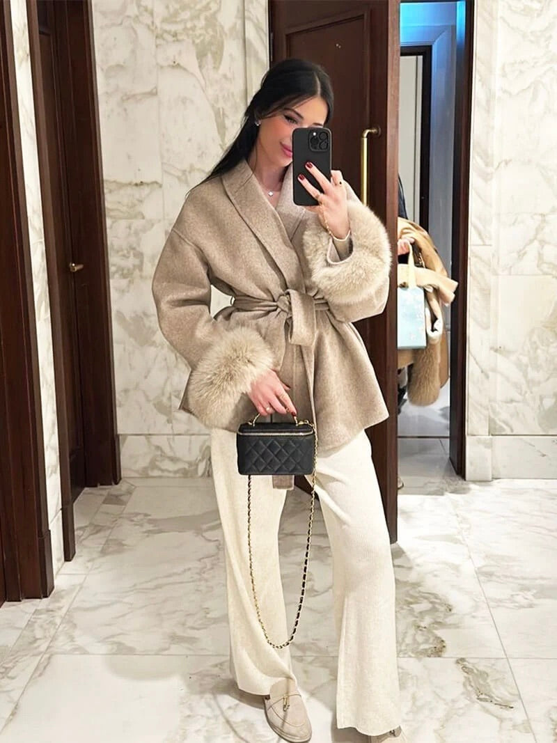 Belted Wrap Coat with Faux Fur Cuffs for Women