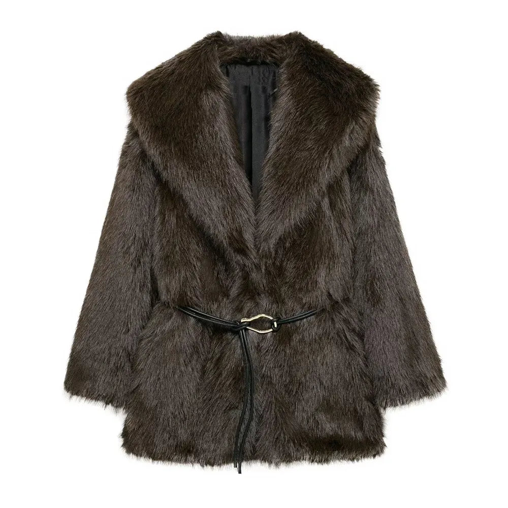 Belted Faux Fur Coat with Wide Lapels for Women