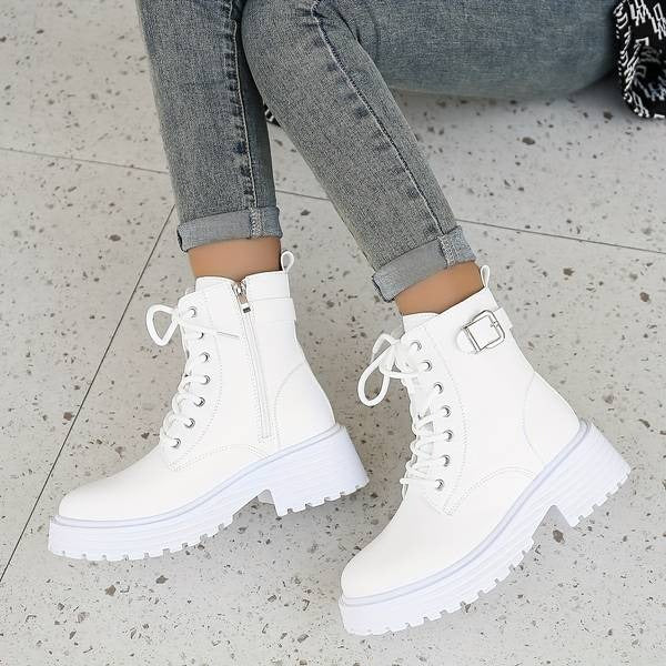 Faux Leather Lace-Up Platform Combat Boots for Women