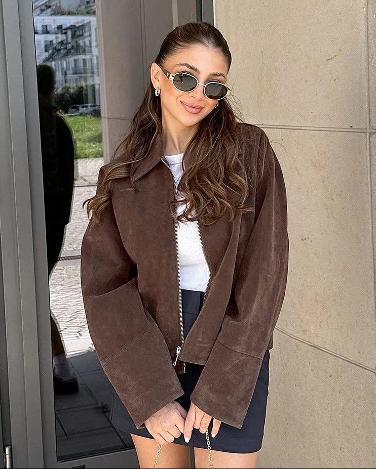 Faux Suede Loose Fit Bomber Jacket for Women