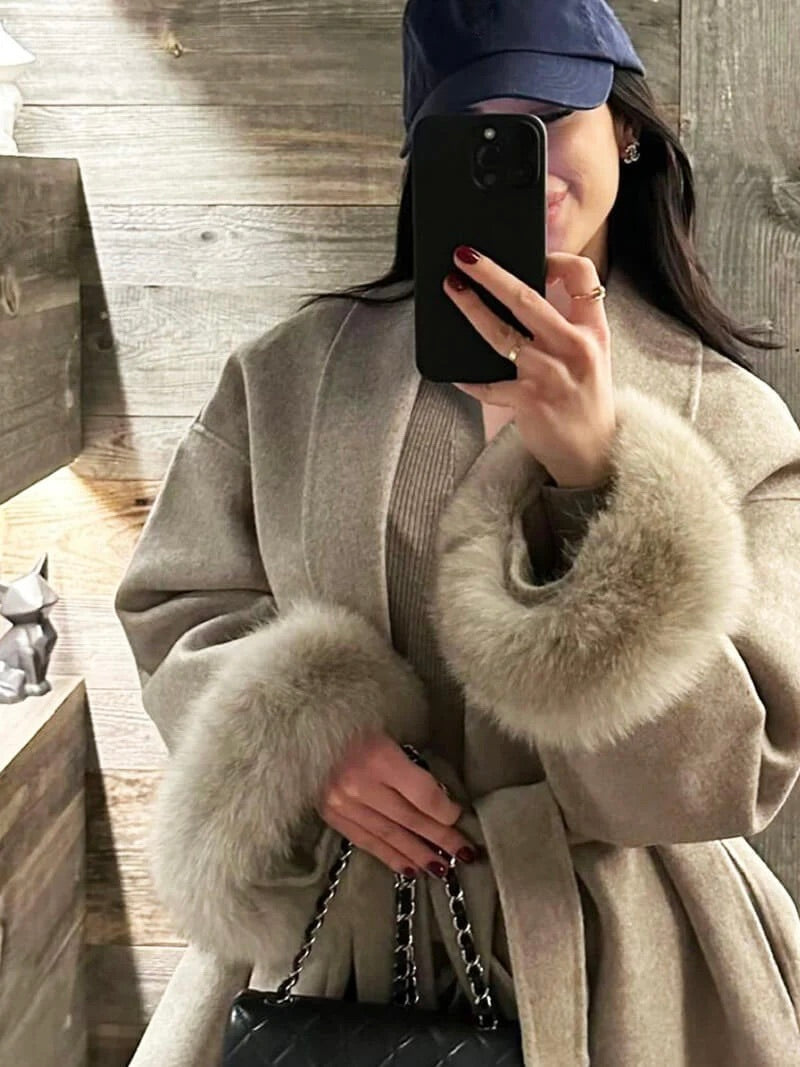 Belted Wrap Coat with Faux Fur Cuffs for Women