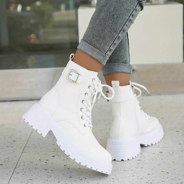 Faux Leather Lace-Up Platform Combat Boots for Women