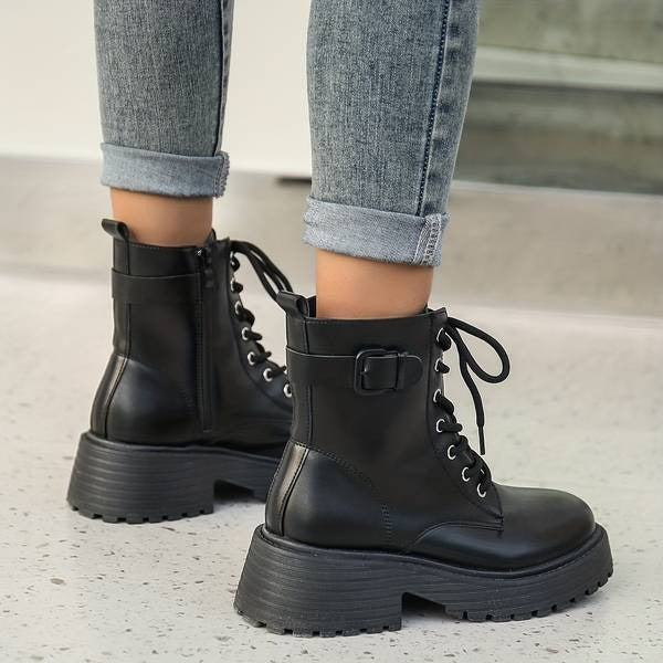 Faux Leather Lace-Up Platform Combat Boots for Women