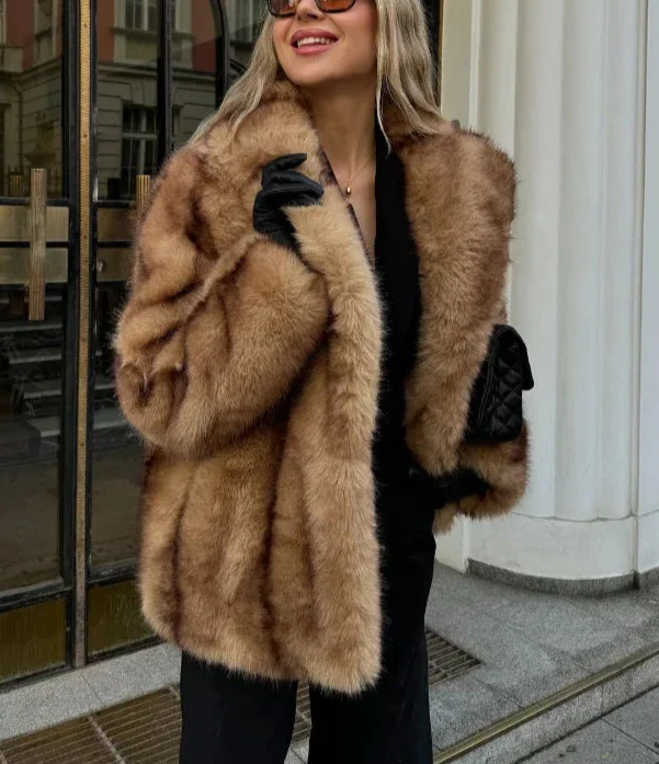 Faux Fur Coat with Wide Lapel Collar for Women