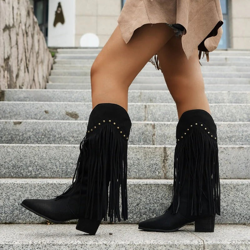Suede Fringed Boots with Studs and Block Heel for Women