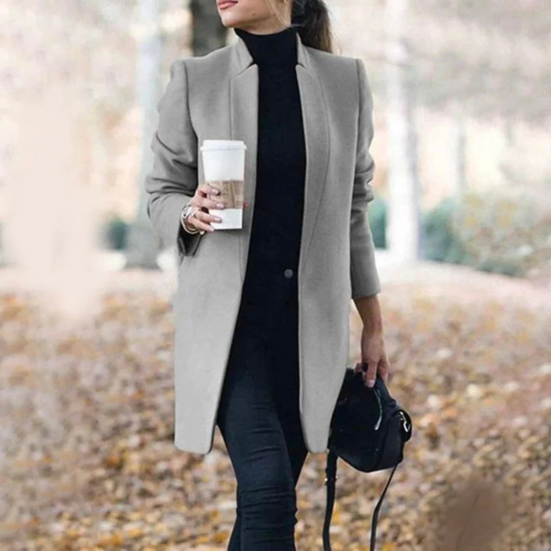 Wool Blend Collarless Longline Coat for Women