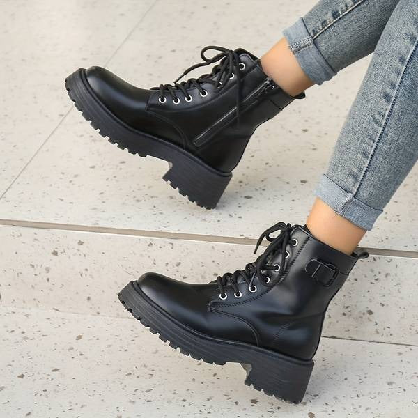 Faux Leather Lace-Up Platform Combat Boots for Women