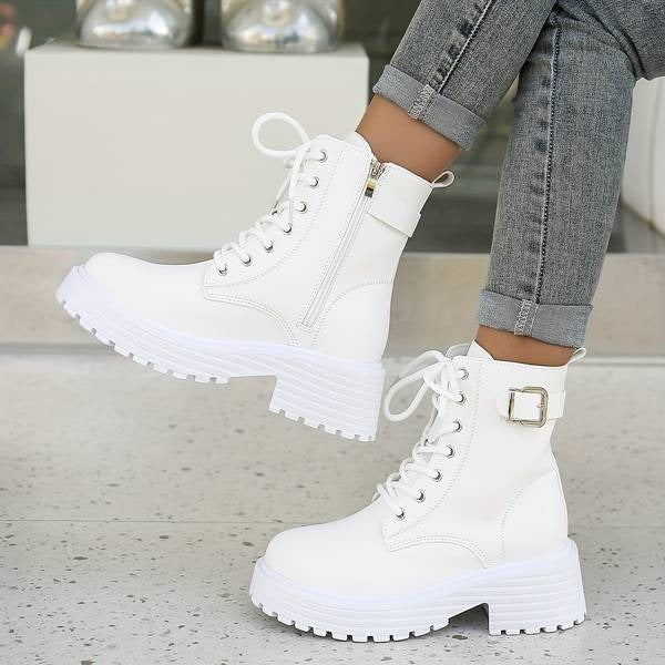 Faux Leather Lace-Up Platform Combat Boots for Women