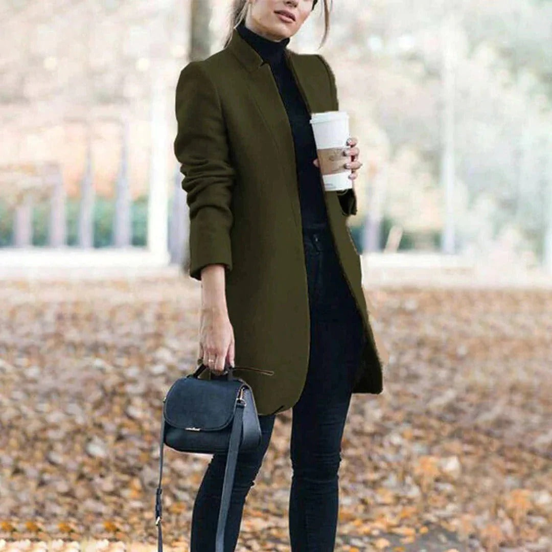 Wool Blend Collarless Longline Coat for Women
