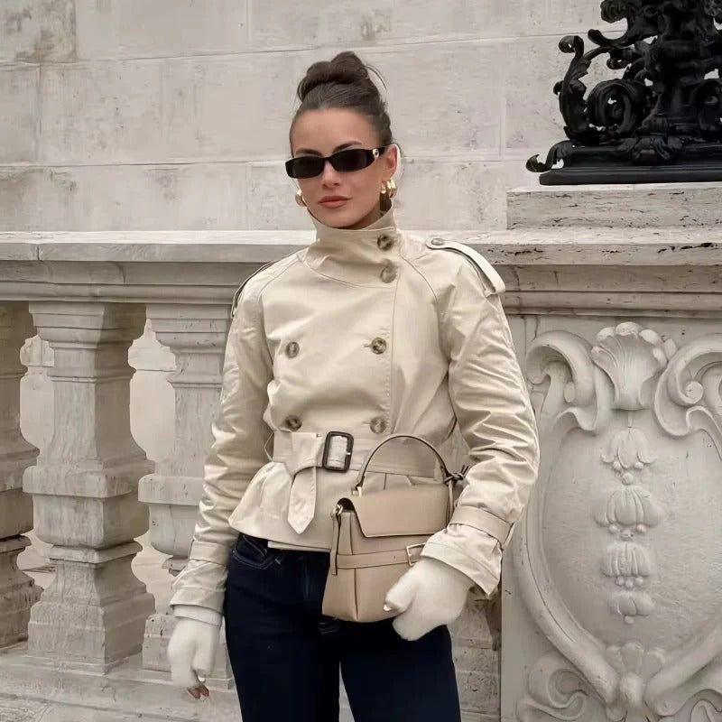 Belted Short Trench Jacket with Tie-Waist for Women