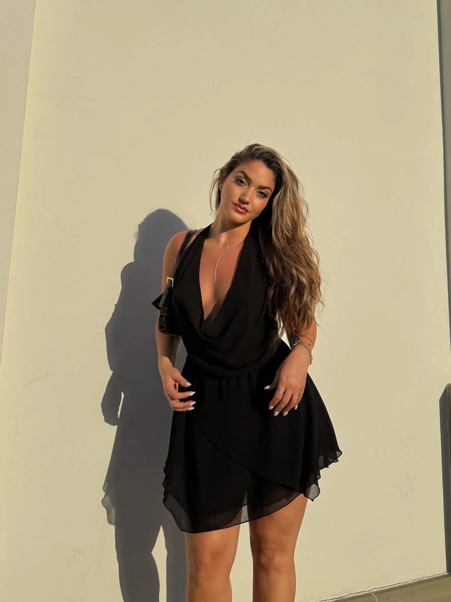 V Neck Halter Ruffle Mini Dress for Women