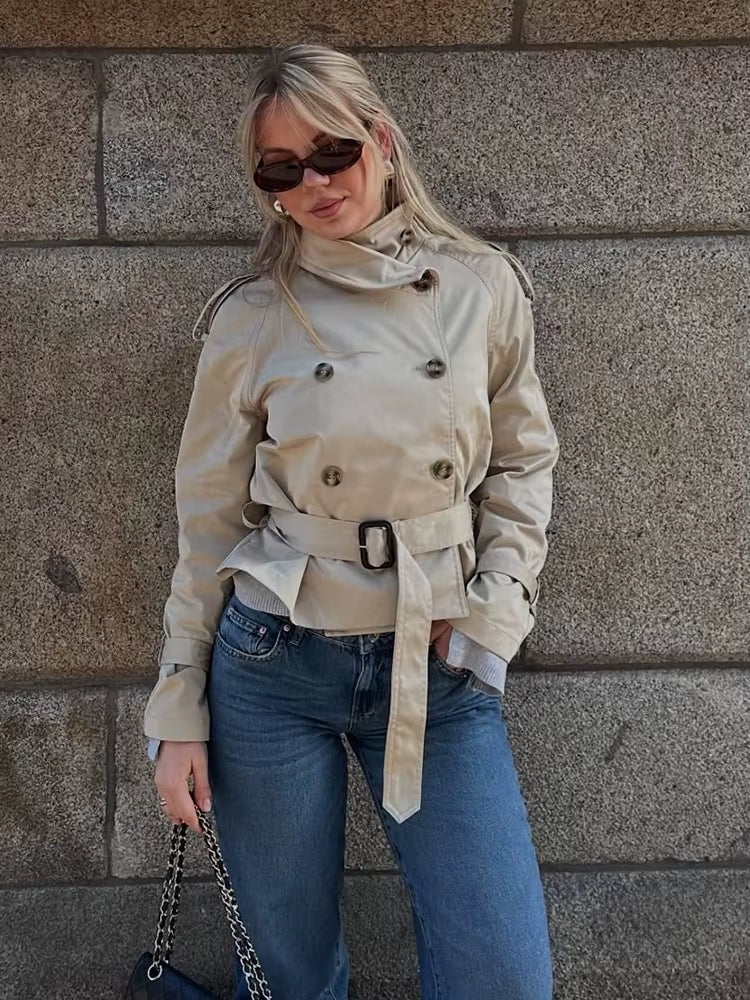 Belted Short Trench Jacket with Tie-Waist for Women