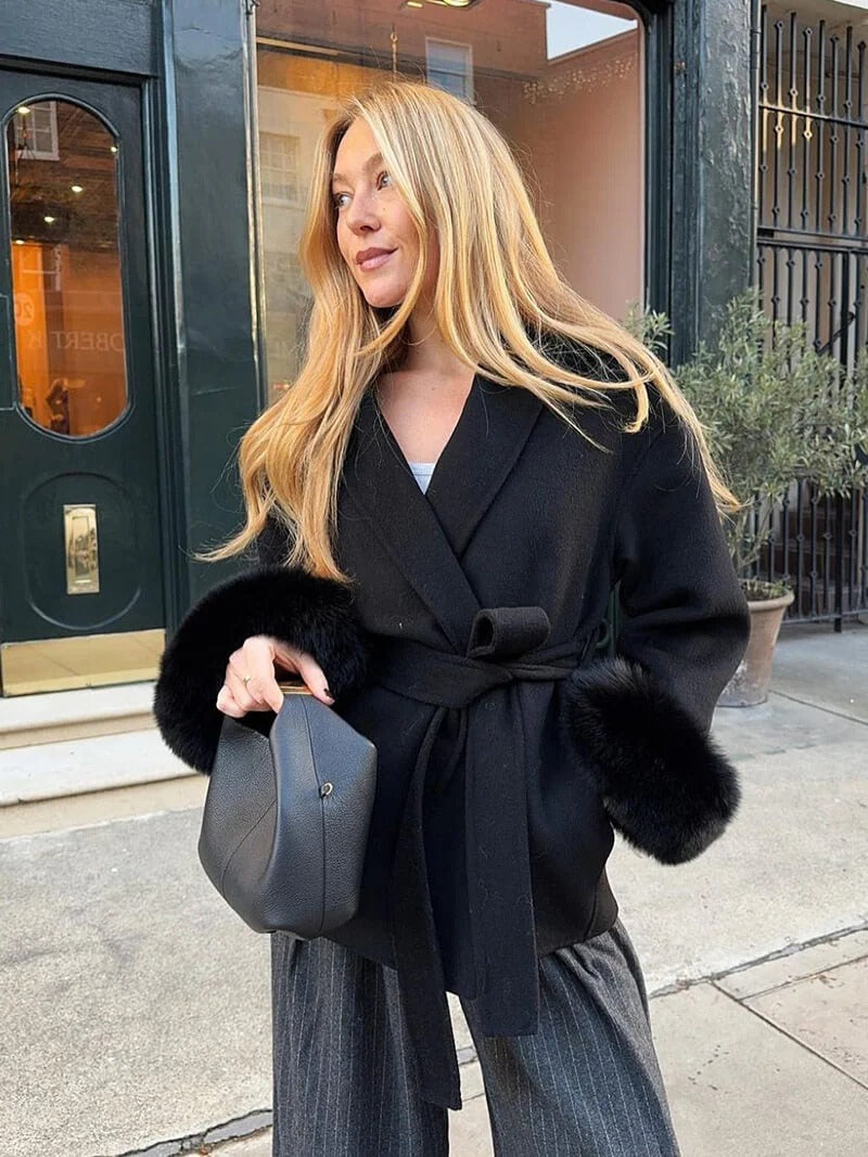 Belted Wrap Coat with Faux Fur Cuffs for Women