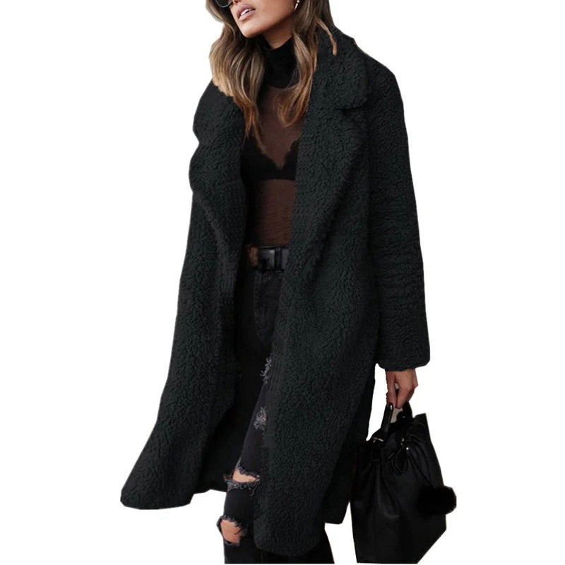 Long Open Front Collared Teddy Coat for Women