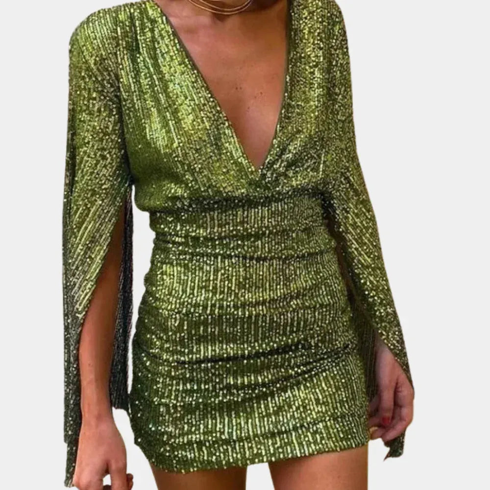 Sequin V Neck Cape Sleeve Mini Party Dress for Women