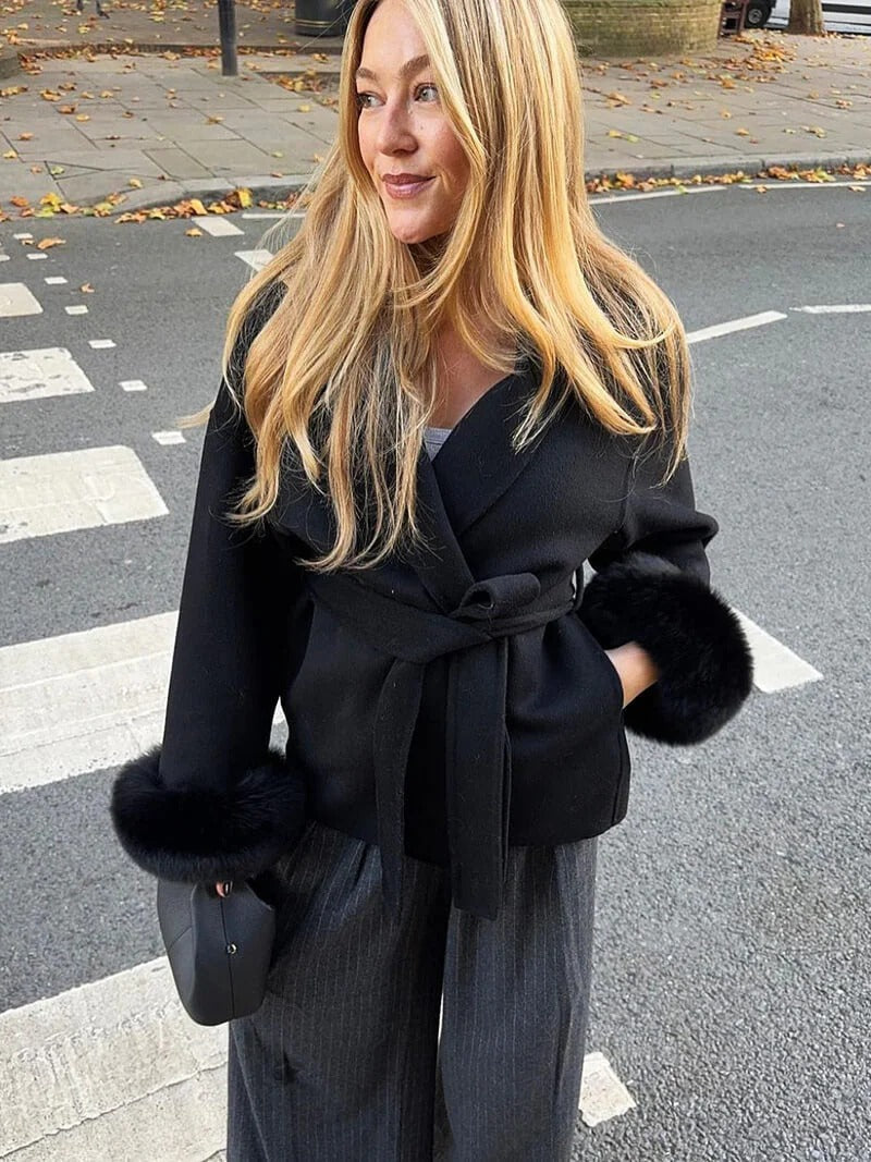 Belted Wrap Coat with Faux Fur Cuffs for Women