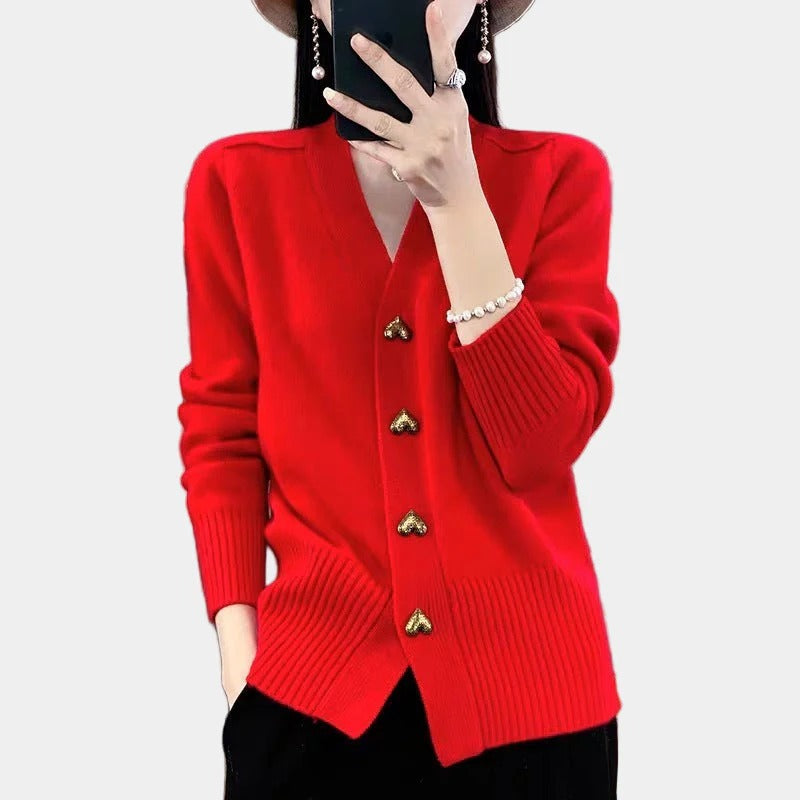 Knit V Neck Heart Button Cardigan for Women