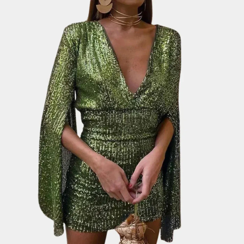 Sequin V Neck Cape Sleeve Mini Party Dress for Women