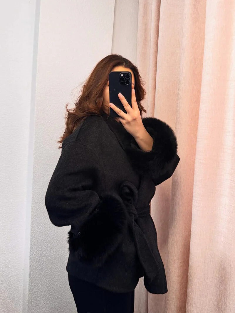 Belted Wrap Coat with Faux Fur Cuffs for Women