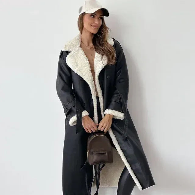 Long Faux Leather Coat with Sherpa Lining for Women