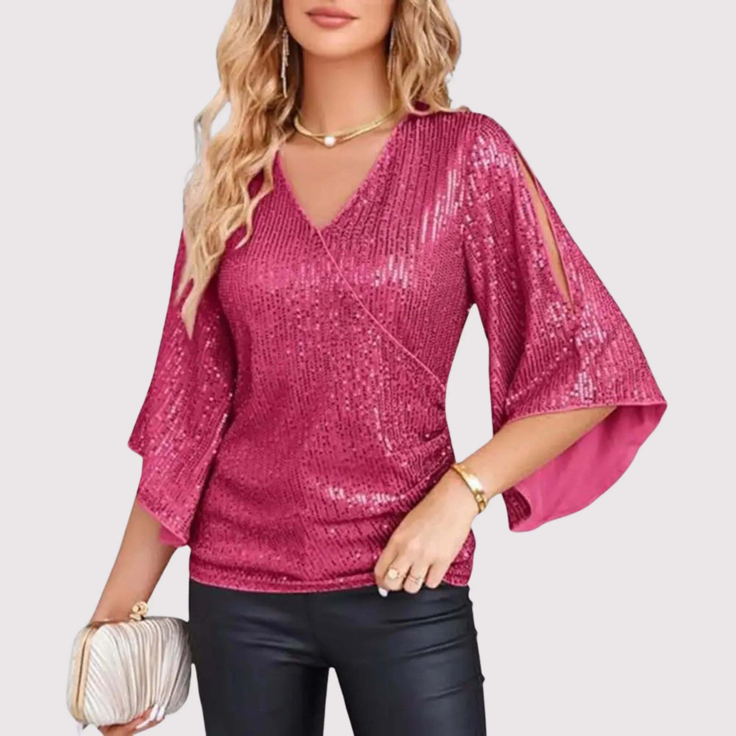 Sequin V-Neck Split Bell Sleeve Wrap Top for Women