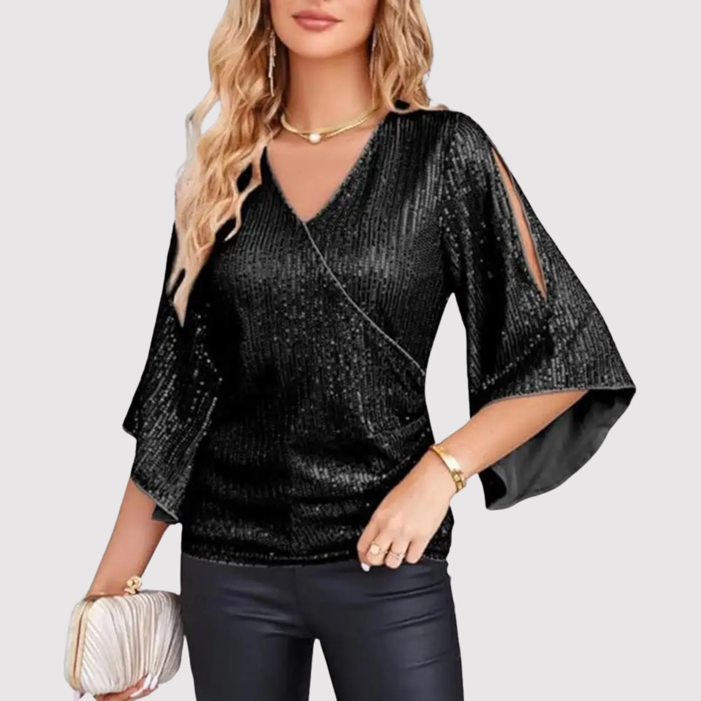Sequin V-Neck Split Bell Sleeve Wrap Top for Women