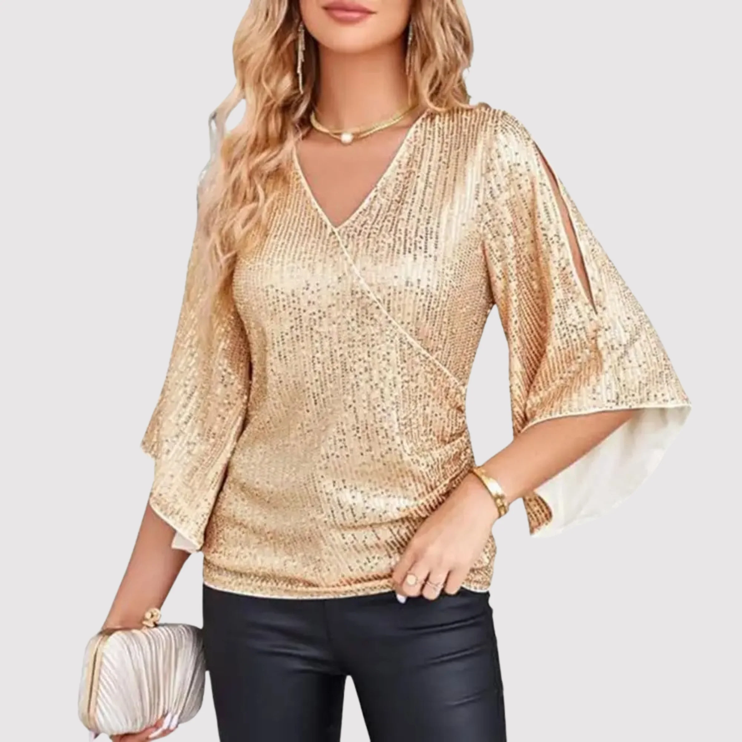 Sequin V-Neck Split Bell Sleeve Wrap Top for Women