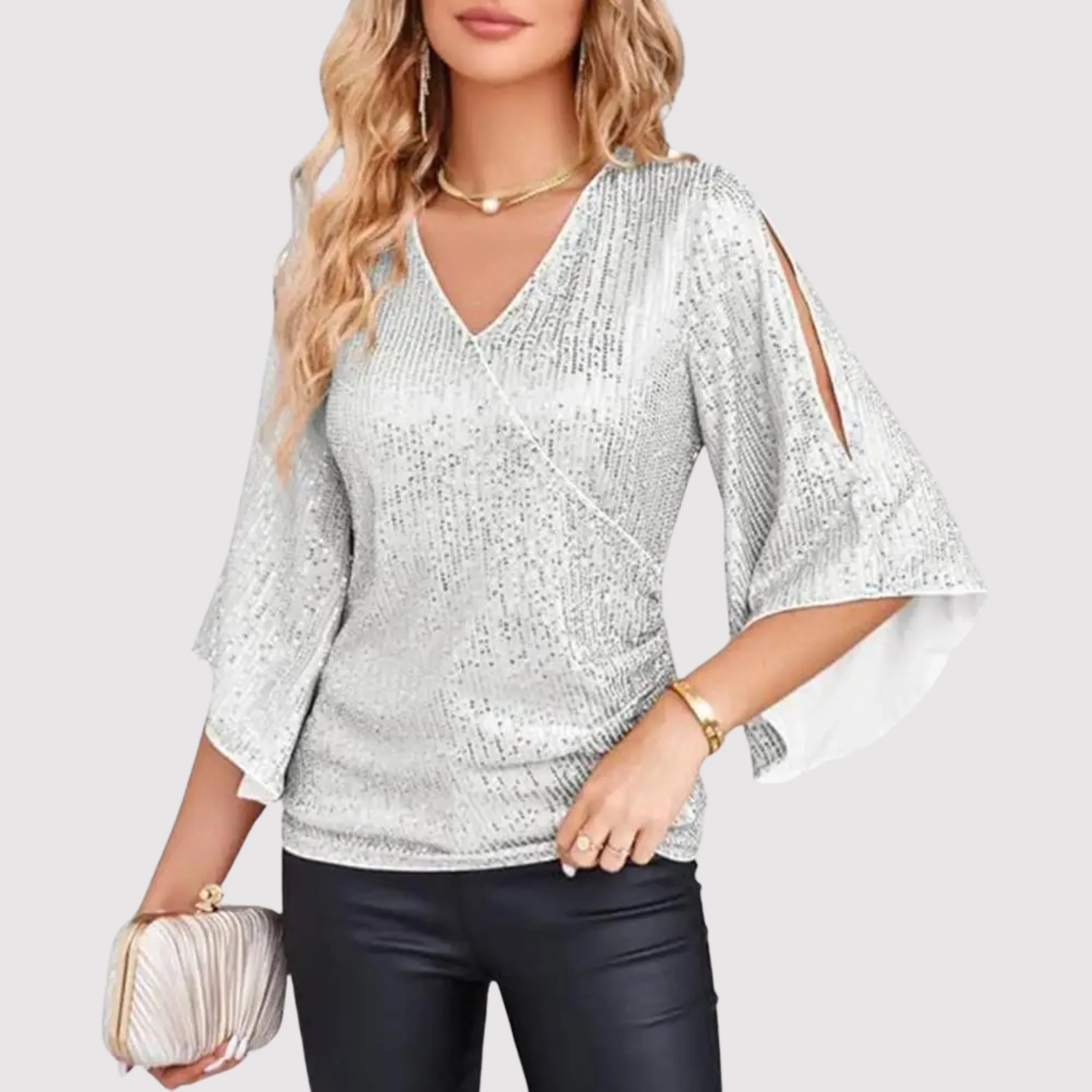 Sequin V-Neck Split Bell Sleeve Wrap Top for Women