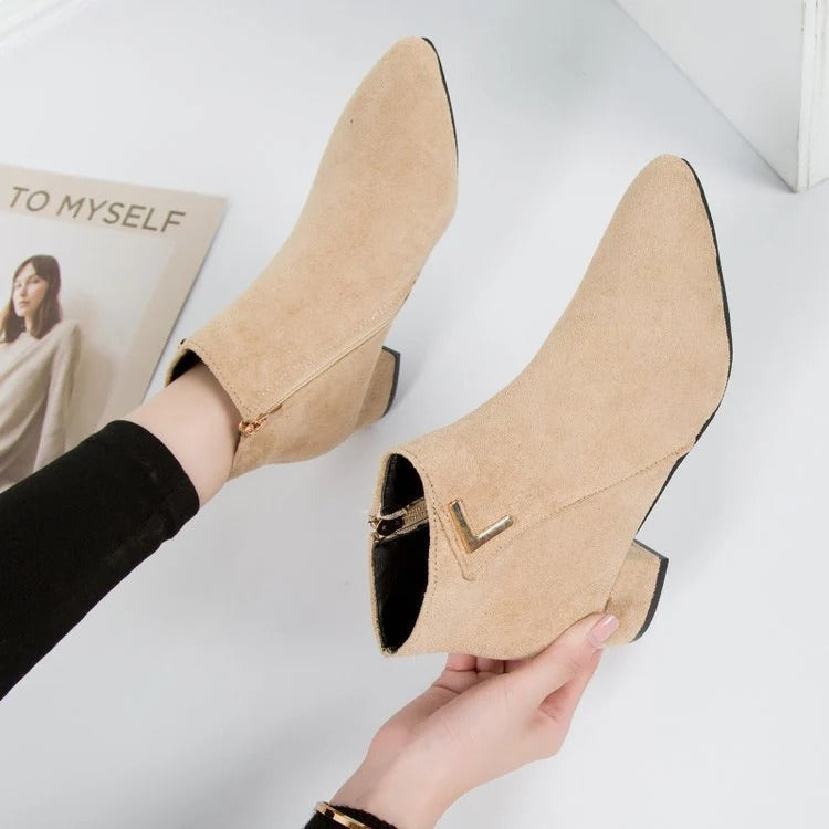 Suede Side Zip Block Heel Ankle Boots for Women