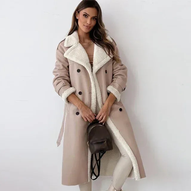 Long Faux Leather Coat with Sherpa Lining for Women