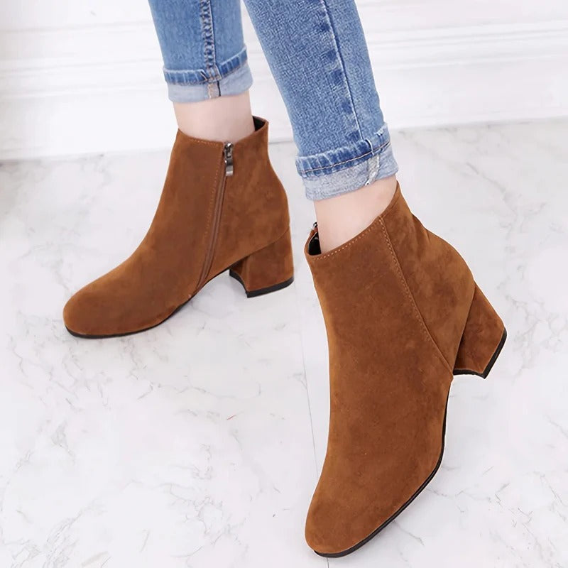 Suede Block Heel Ankle Boots with Side Zip for Women