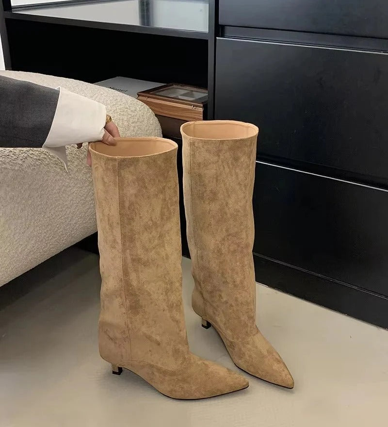 Suede Pointed Toe High Heel Slouch Boots for Women
