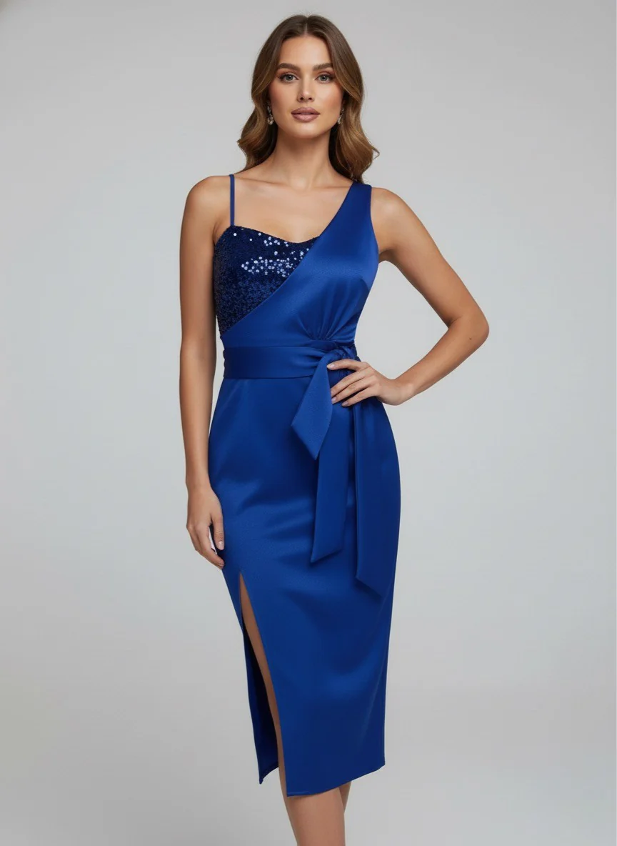 Sequin One Shoulder Tie Waist Slit Dress for Women