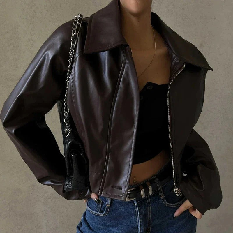 Cropped Faux Leather Jacket with Oversized Sleeves for Women