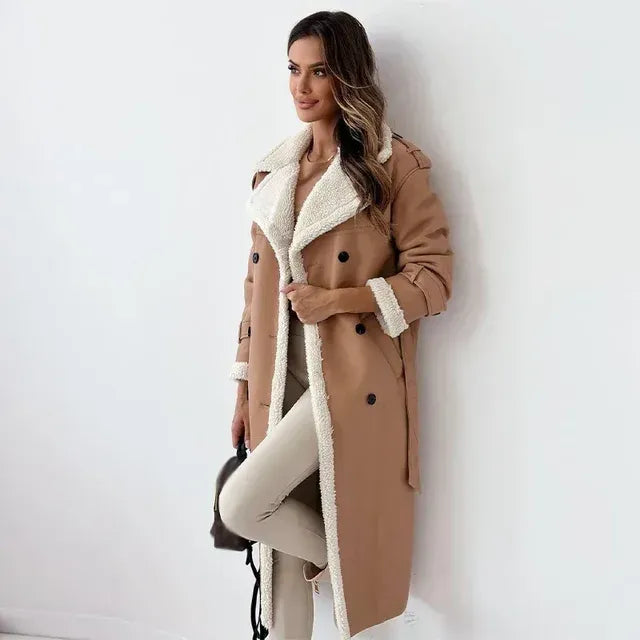 Long Faux Leather Coat with Sherpa Lining for Women