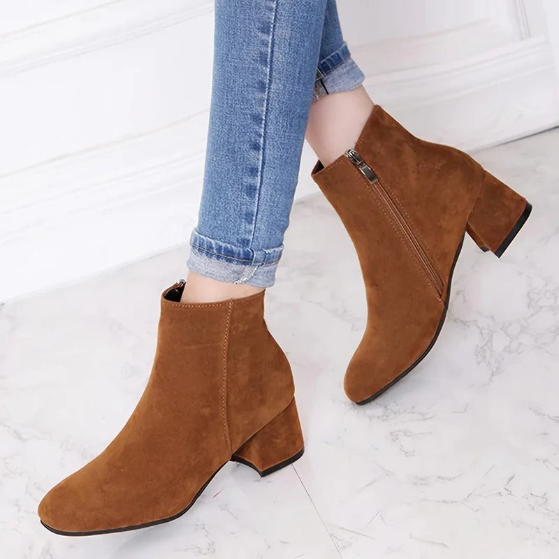 Suede Block Heel Ankle Boots with Side Zip for Women
