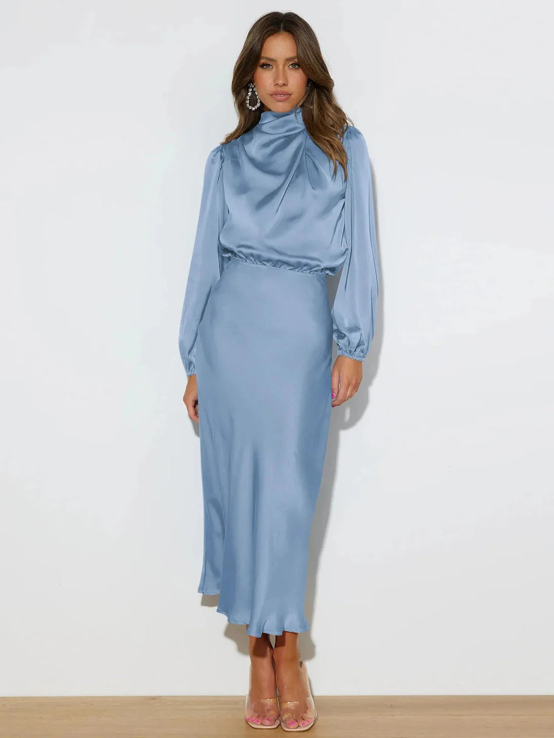 Satin Draped High Neck Long Sleeve Midi Dress for Women