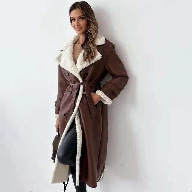Long Faux Leather Coat with Sherpa Lining for Women