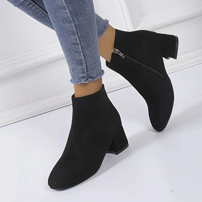 Suede Block Heel Ankle Boots with Side Zip for Women