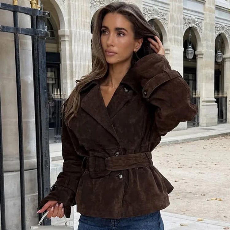 Faux Suede Double Breasted Short Coat for Women