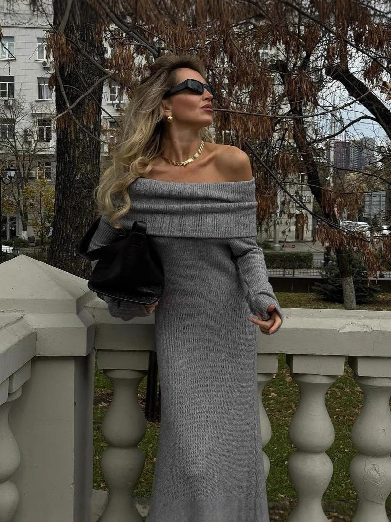 Off Shoulder Long Sleeve Knitted Maxi Dress for Women