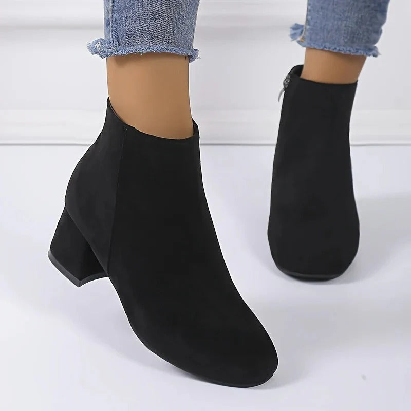 Suede Block Heel Ankle Boots with Side Zip for Women