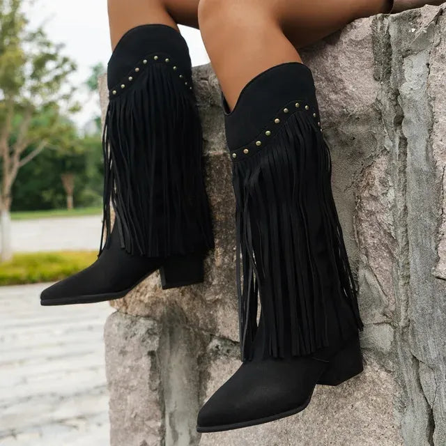 Suede Fringed Boots with Studs and Block Heel for Women