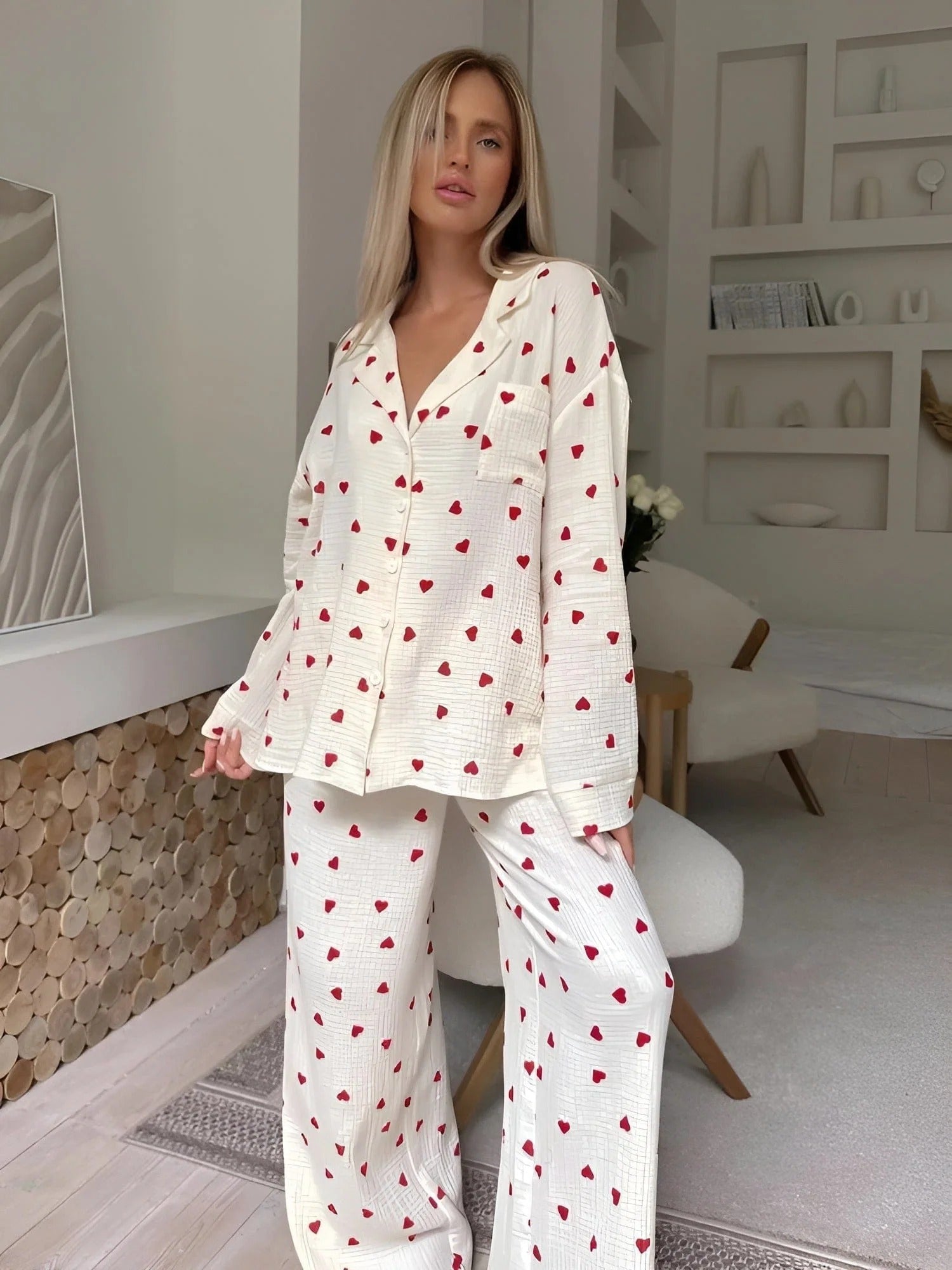 Heart Print Long Pajama Set for Women
