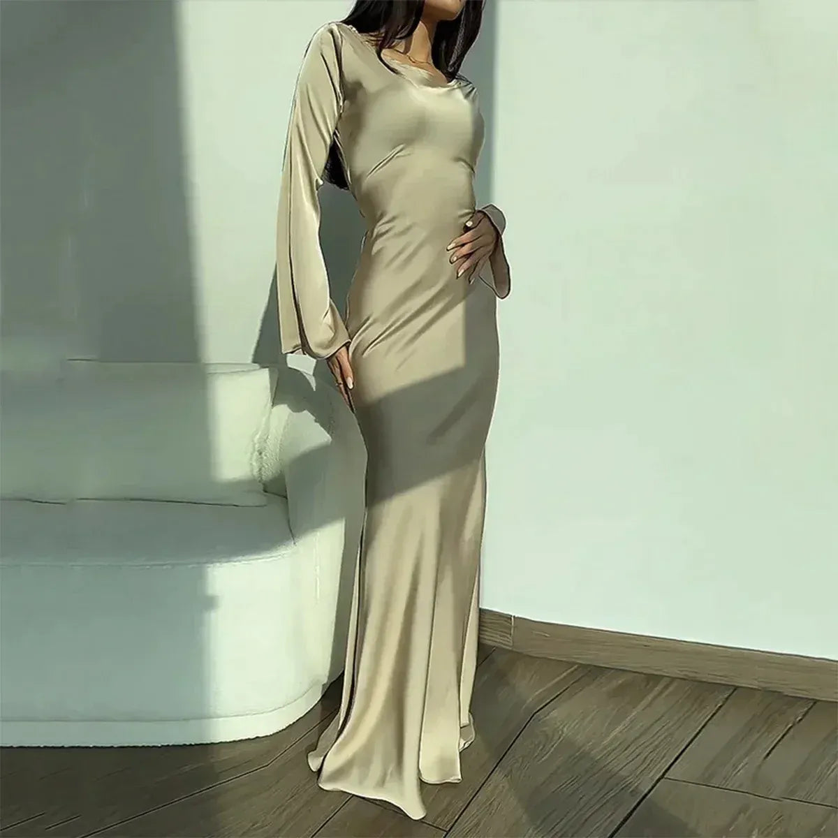 Satin Bodycon Long Sleeve Maxi Dress for Women