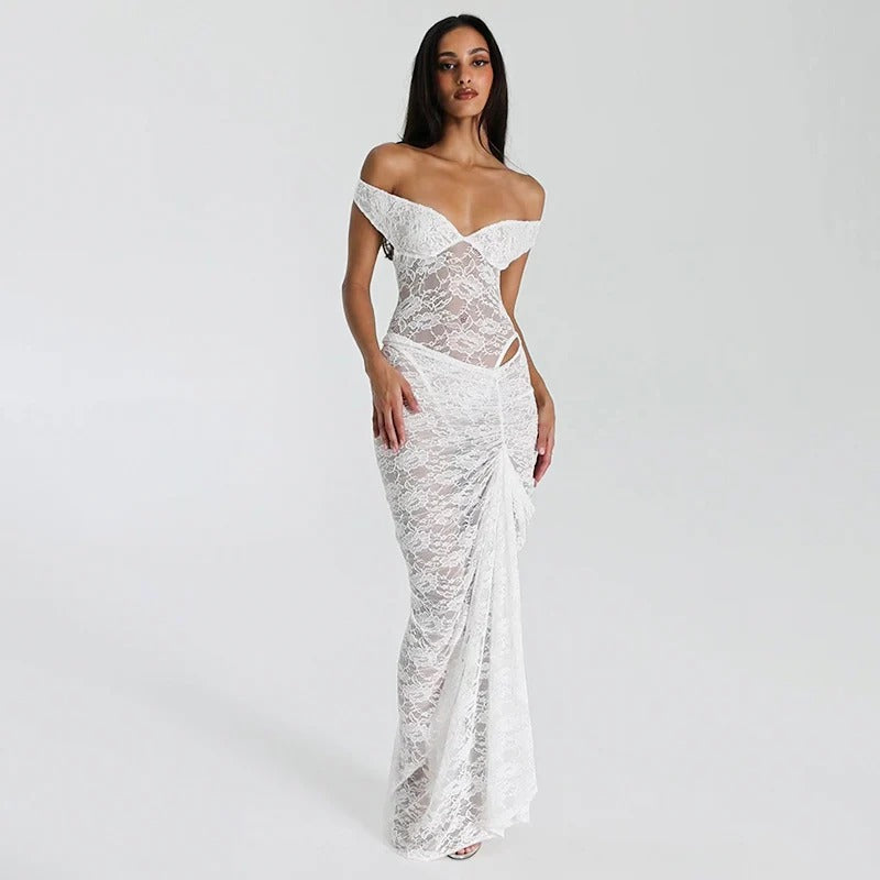 Lace Off-Shoulder Ruched Maxi Dress for Women